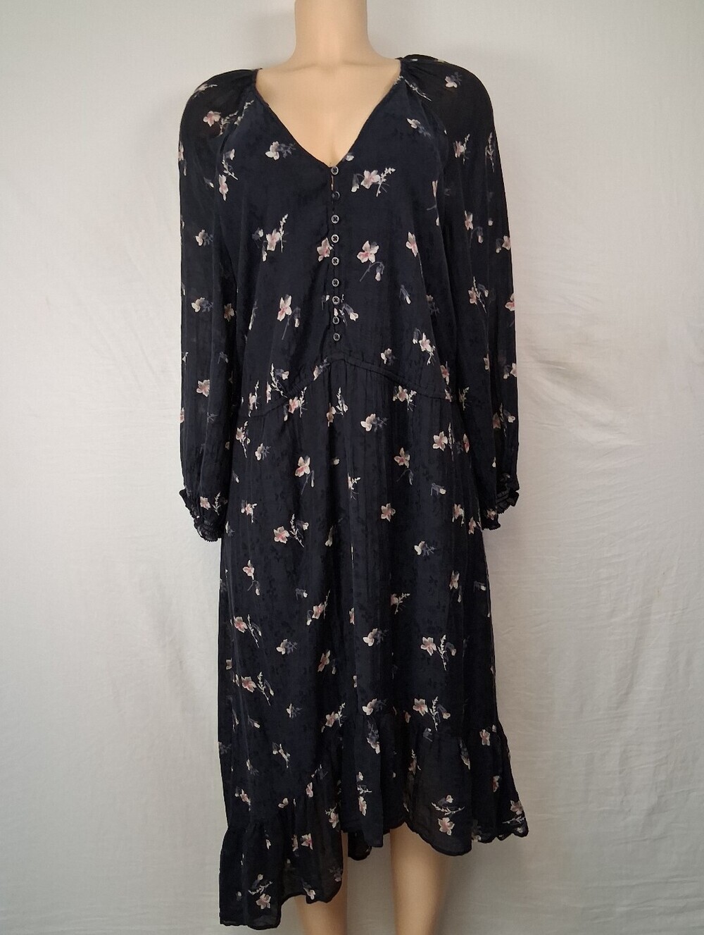Joie Black Floral Button-Front Long Sleeve Boho spring Midi Dress Size L - Picture 5 of 17